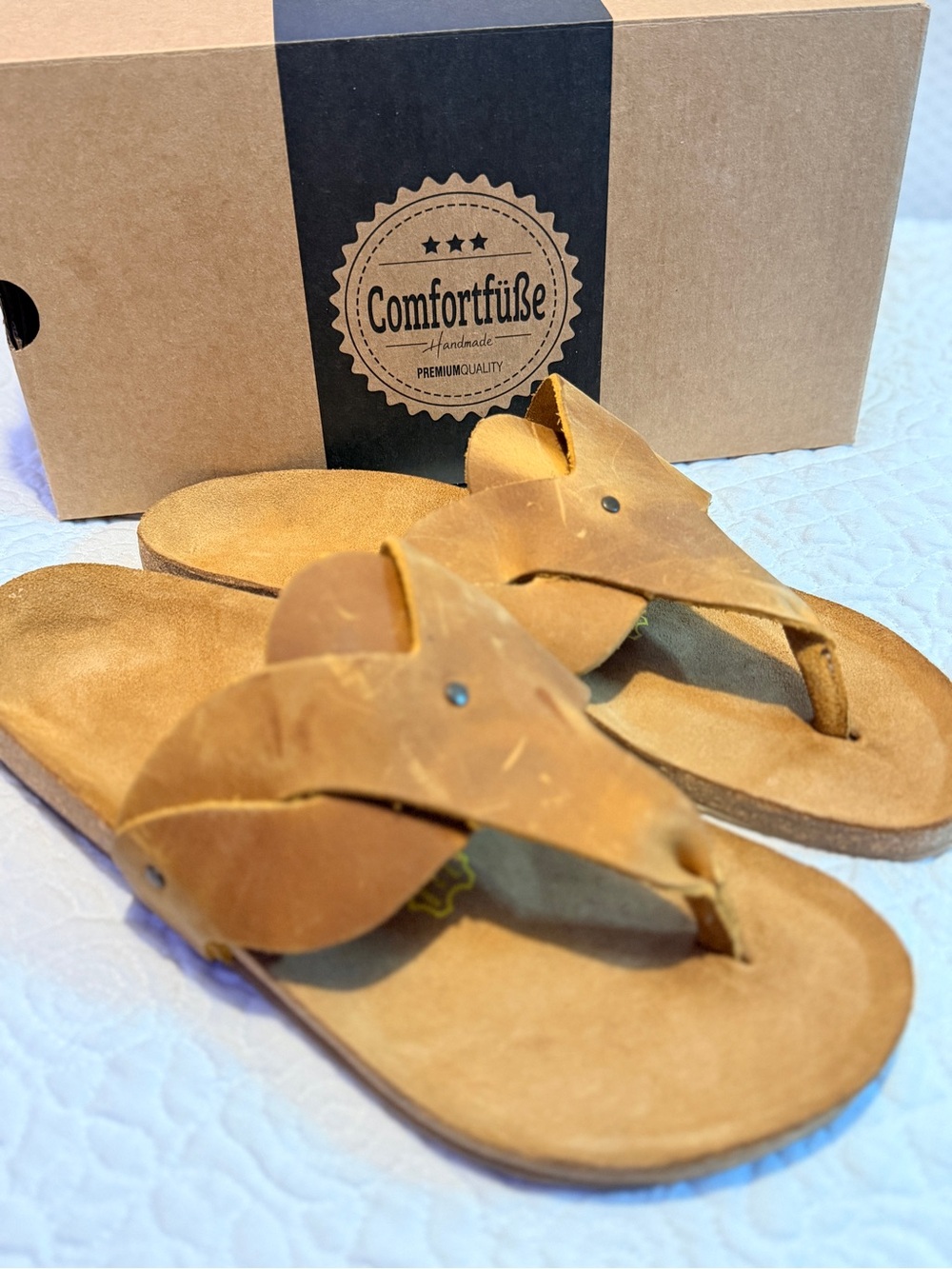 Women's Tan Leather Sandals - Casual Thong Slide
